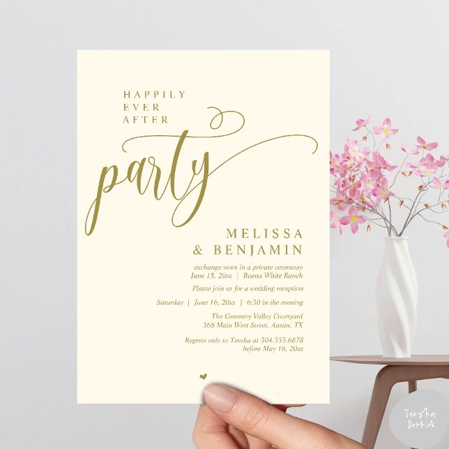 Convites Festa, Recepção Depois da Felicidade Eterna Minima (Happily Ever After Party, Reception Modern Minimal Invitation Card in Yellow Gold)