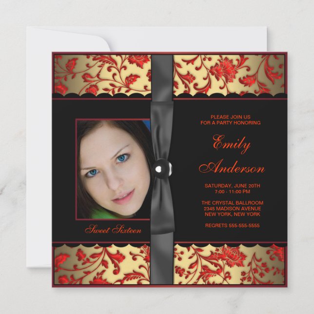 Convites Festa Red Black Gold Damask Foto Doce 16 (Frente)
