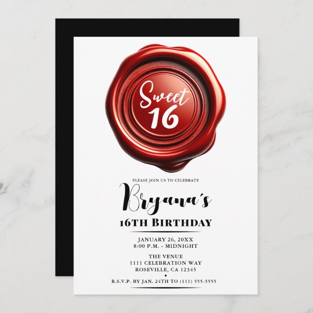 Convites Festa Red Candle Wax Seal Elegant Classy Sweet 16 (Frente/Verso)