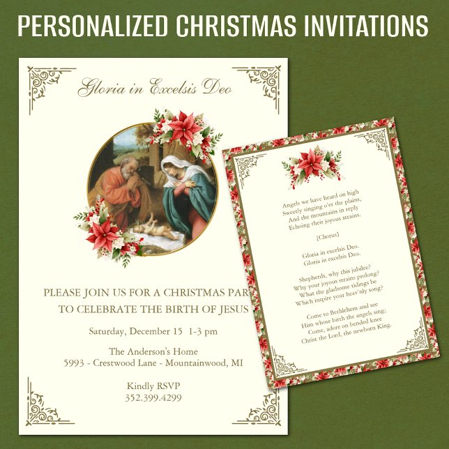Convites Festa religiosa de Natal para Jesus (Personalized Vintage Christmas Invitations with Nativity Scene, Christmas Hymn and red poinsettias)