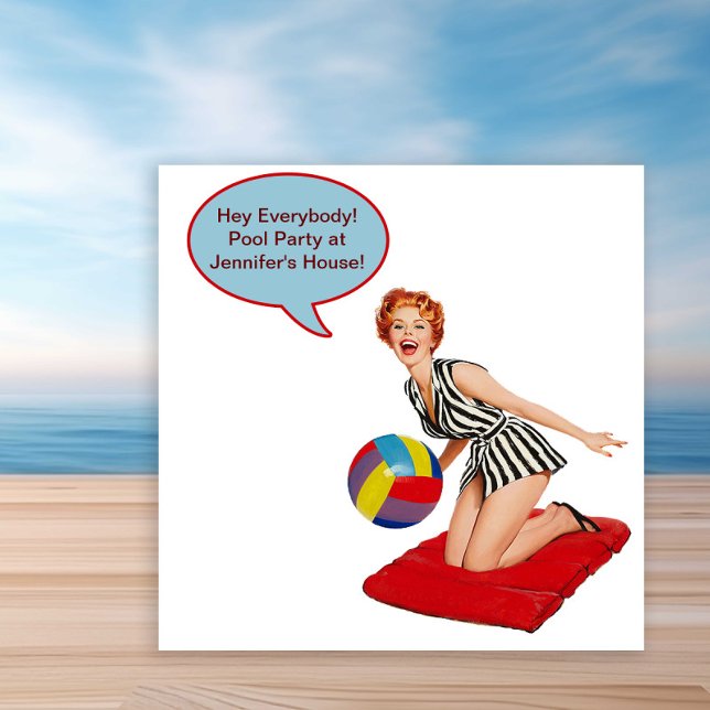 Convites Festa Retro de Piscina com Bolas de Praia (Fun vintage retro pool party invitation. Simply add your event details to the front and back.)