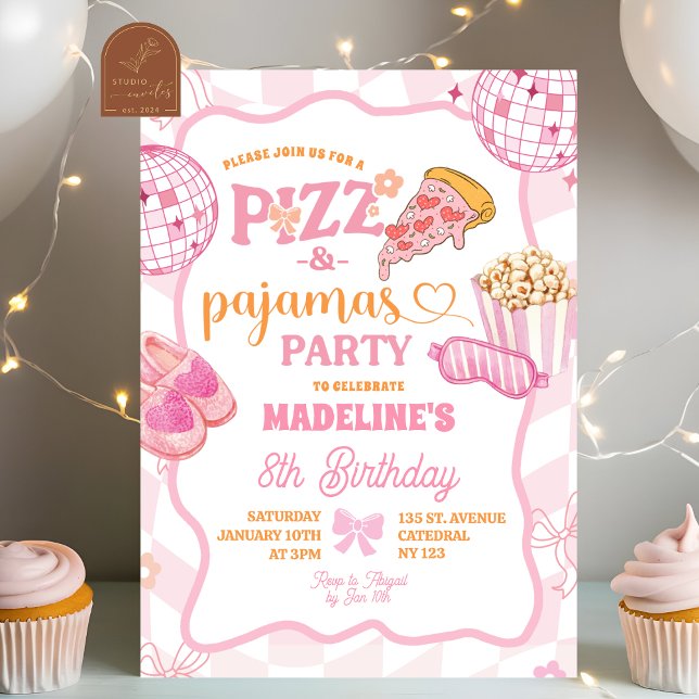 Convites Festa Retro de Pizza e Pijamas Pastel (Criador carregado)
