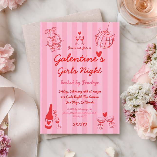 Convites Festa Retro Desenhada à Mão de Galentine's para Me (Criador carregado)