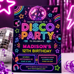 Convites Festa Retro Disco Neon Glow Aniversário