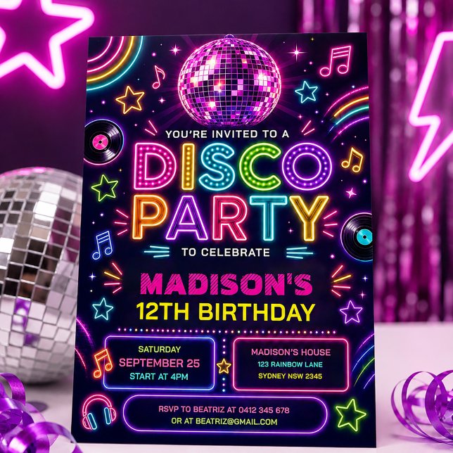 Convites Festa Retro Disco Neon Glow Aniversário (Criador carregado)