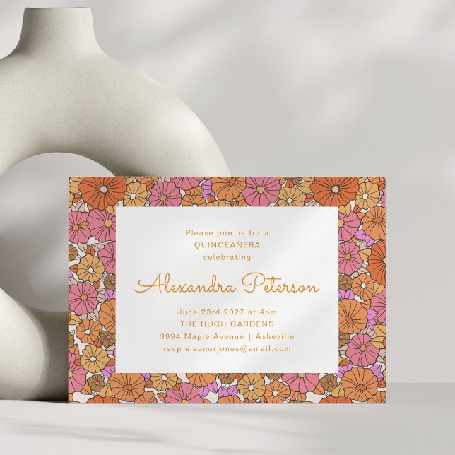 Convites Festa Retro Floral Laranja Rosa Quinceañera (Criador carregado)