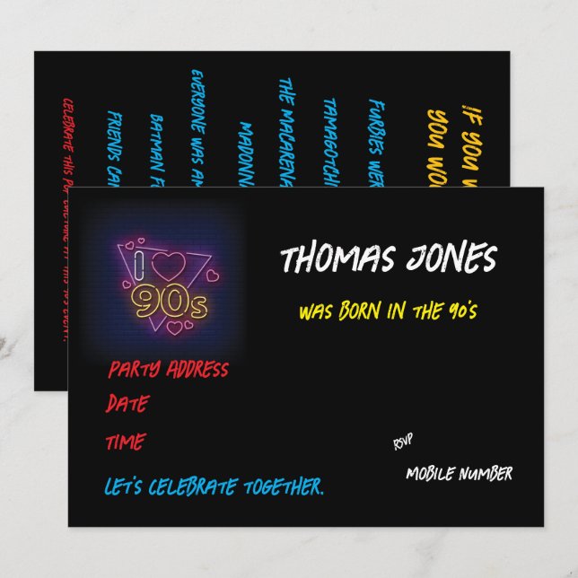 Convites Festa Retro Personalizada com Tema dos Anos 90 (Frente/Verso)
