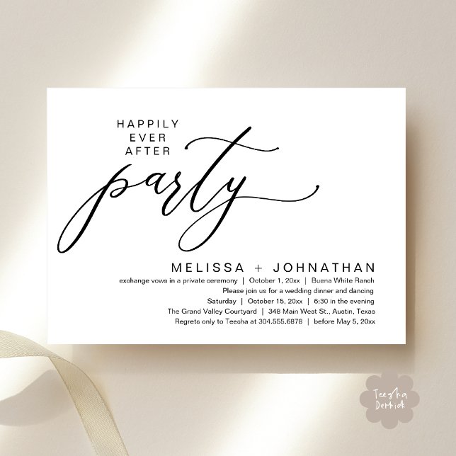 Convites Festa Romântica de Casamento com Jantar de Fuga (Romantic Modern Happily Ever After Party Elopement Dinner Invitation Card PDF in Classy Black White)