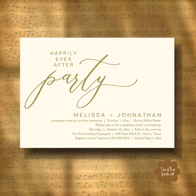 Convites Festa Romântica de Casamento com Jantar de Fuga Ro (Romantic Modern Happily Ever After Party Elopement Dinner Invitation Card PDF in Classy Yellow Gold)