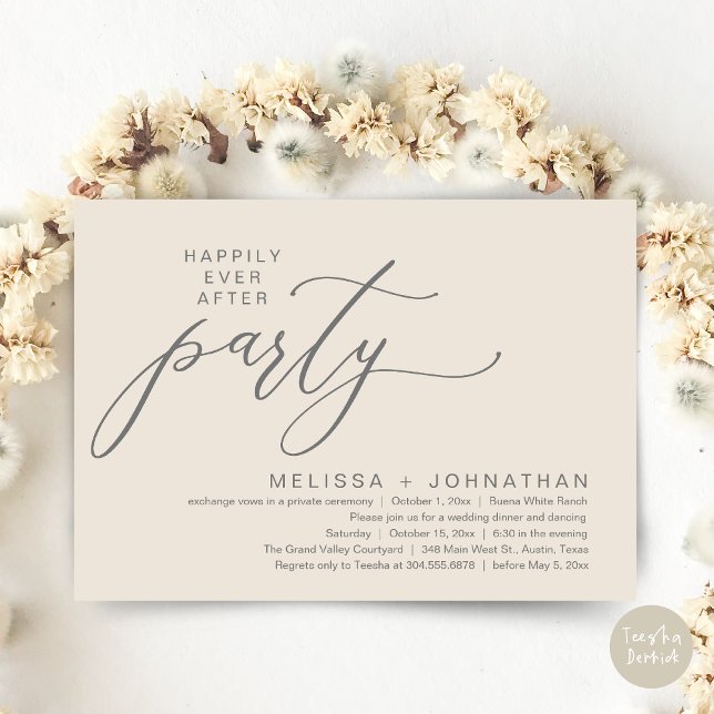 Convites Festa Romântica de Casamento com Jantar de Fuga Ro (Romantic Modern Happily Ever After Party Elopement Dinner Invitation Card PDF in Classy Cream Grey)