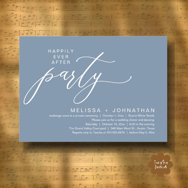 Convites Festa Romântica de Casamento com Jantar de Fuga Ro (Romantic Modern Happily Ever After Party Elopement Dinner Invitation Card PDF in Classy Dusty Blue)