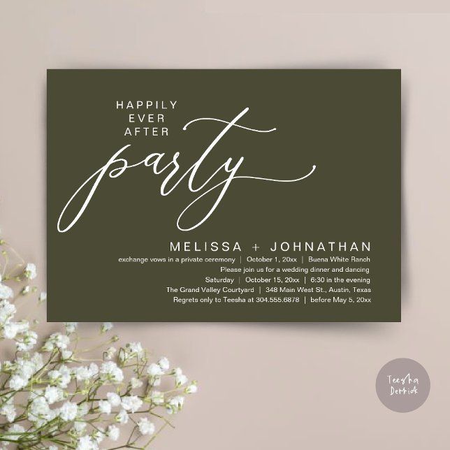 Convites Festa Romântica de Casamento com Jantar de Fuga Ro (Romantic Modern Happily Ever After Party Elopement Dinner Invitation Card PDF in Rustic Olive Green)