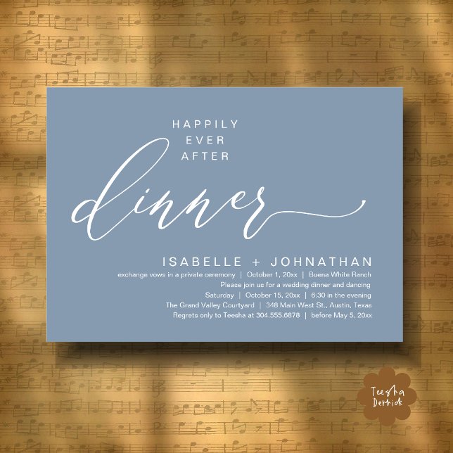 Convites Festa Romântica de Casamento com Jantar Feliz para (Romantic Modern Happily Ever After Party Elopement Dinner Invitation Card PDF in Classy Dusty Blue)