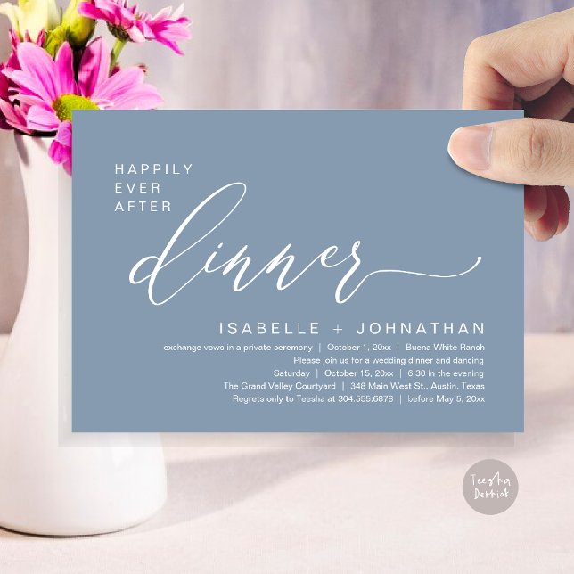 Convites Festa Romântica de Casamento com Jantar Feliz para (Romantic Modern Happily Ever After Party Elopement Dinner Invitation Card PDF in Classy Dusty Blue)