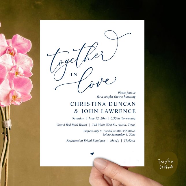Convites Festa Romântica De Chá De Casais, Juntos No Amor (Together in Love, Romantic Couples Shower Party Invitation Card PDF modern minimalist Navy Blue)