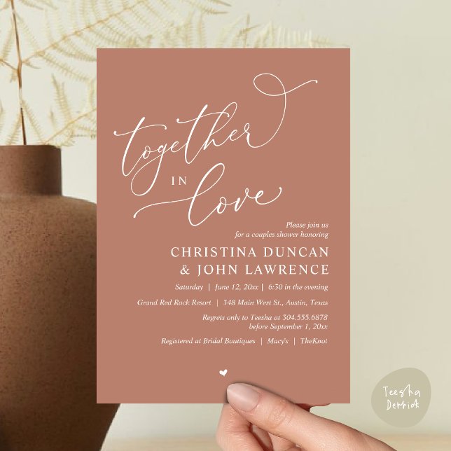 Convites Festa Romântica De Chá De Casais, Juntos No Amor (Together in Love, Romantic Couples Shower Party Invitation Card PDF modern minimalist Earthy Brown)