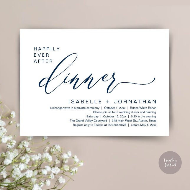 Convites Festa Romântica de Elopamento com Jantar Feliz par (Romantic Modern Happily Ever After Party Elopement Dinner Invitation Card PDF in Classy Navy Blue)