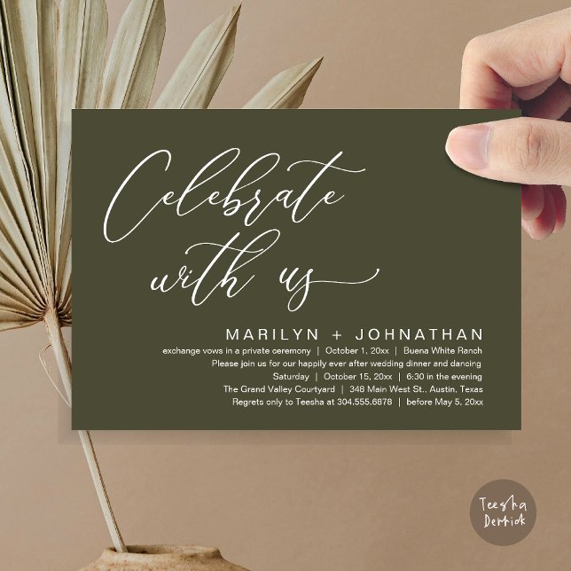 Convites Festa Romântica de Jantar de Casamento, Celebre co (Celebrate with us, Romantic Wedding Dinner Brunch Party Invites Card PDF Modern Classy Olive Green)