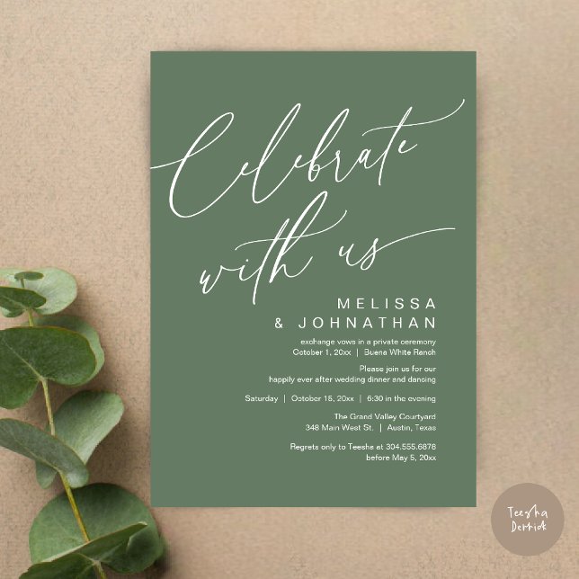 Convites Festa Romântica de Jantar de Casamento, Celebre co (Romantic Wedding Dinner Party, Celebrate with us Lunch Brunch Modern Invites Card  PDF Sage Green)