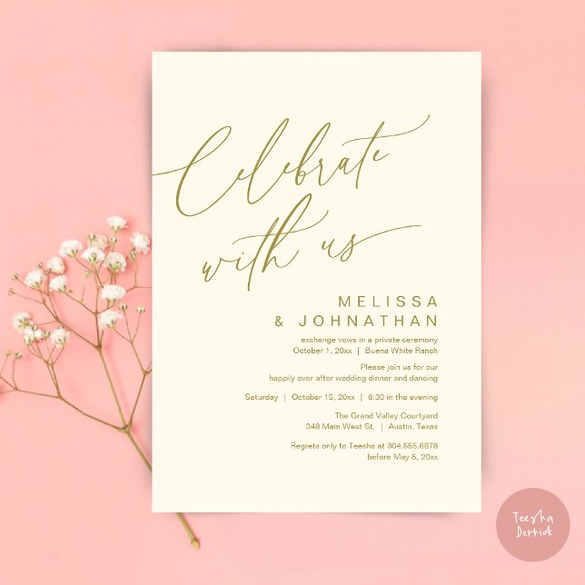 Convites Festa Romântica de Jantar de Casamento, Celebre co (Romantic Wedding Dinner Party, Celebrate with us Lunch Brunch Modern Invites Card  PDF Yellow Gold)