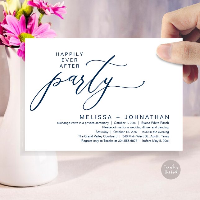 Convites Festa Romântica de Jantar de Casamento com Final F (Romantic Modern Happily Ever After Party Elopement Dinner Invitation Card PDF in Classy Navy Blue)