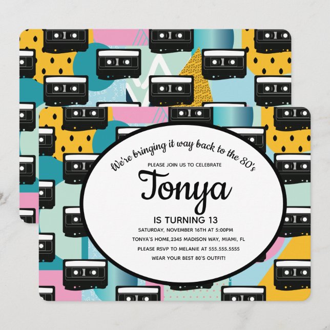 Convites Festa Rosa Collage de Cassete Retrô 80 90 (Frente/Verso)