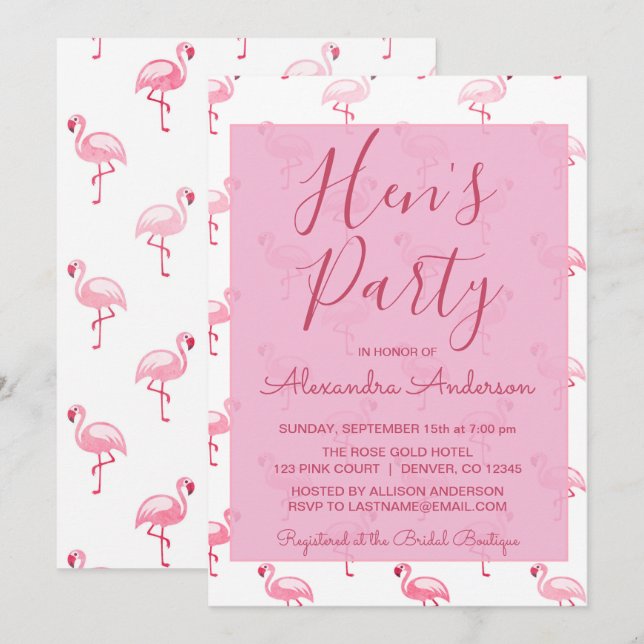 Convites Festa rosa Flamingo Summer Hen (Frente/Verso)