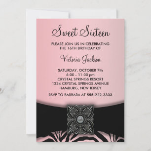 Convites Festa Rosa Preto Zebra de Aniversário de Dezesseis