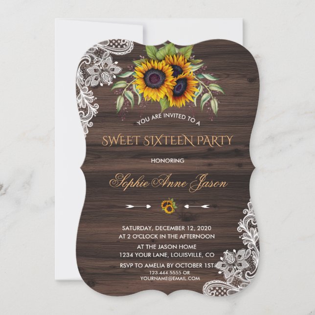 Convites Festa Rustic Sunflowers Wood Sweet Sixteen (Frente)