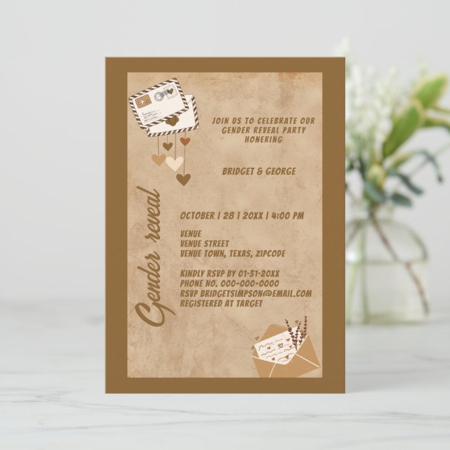 Convites festa rustic vintage beige gender (Em pé/Frente)