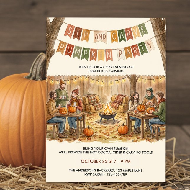 Convites Festa Rústica de Abobora para Beber e Esculpir no  (Sip and Carve Pumpkin Party Halloween Invitation by Darling & May)
