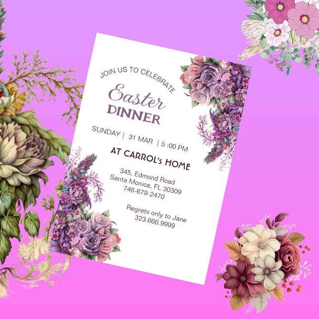 Convites Festa Rústica de Páscoa Rosa da Flora Lilac Roxa (Purple Lilac Flora Rustic Rose Easter Dinner Party Invitation)