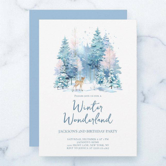 Convites Festa segundo aniversário de Wonderland Winter Woo (Blue Woodland Winter Wonderland 2nd Birthday Party Invitation)