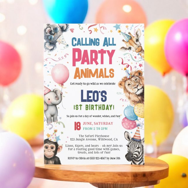 Convites Festa Selvagem Chamando Todos Os Animais De primei (Wild Party Calling All Animals 1st Birthday Safari Invitation)