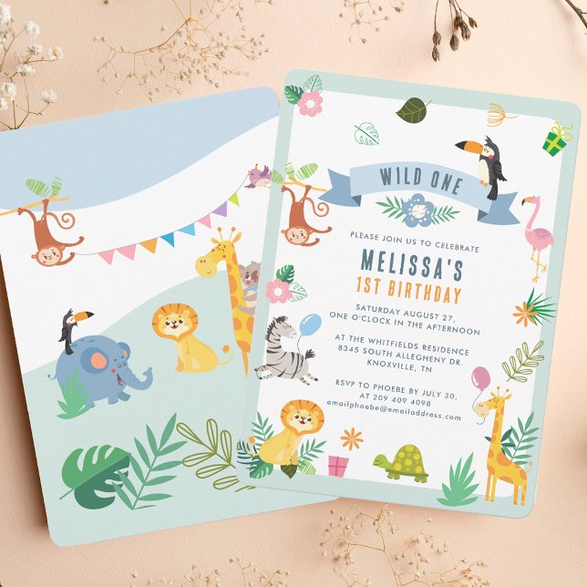 Convites Festa Selvagem Selvagem de Animais Safari (Wild One Jungle Safari Animals 1st Birthday Party Invitation)