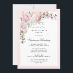 Convites Festa Sessenta e Doce Floral Rosa Blush<br><div class="desc">Belo e elegante Convite de festas dos Dezesseis. As rosas cor-de-rosa-pinceladas estão aninhadas em flores brancas de hidrangea e em verde. O texto é uma combinação de fontes verticais e itálicas. Fácil de personalizar. A parte de trás do convite de festas é um rosa pastel macio. Você pode alterar a...</div>