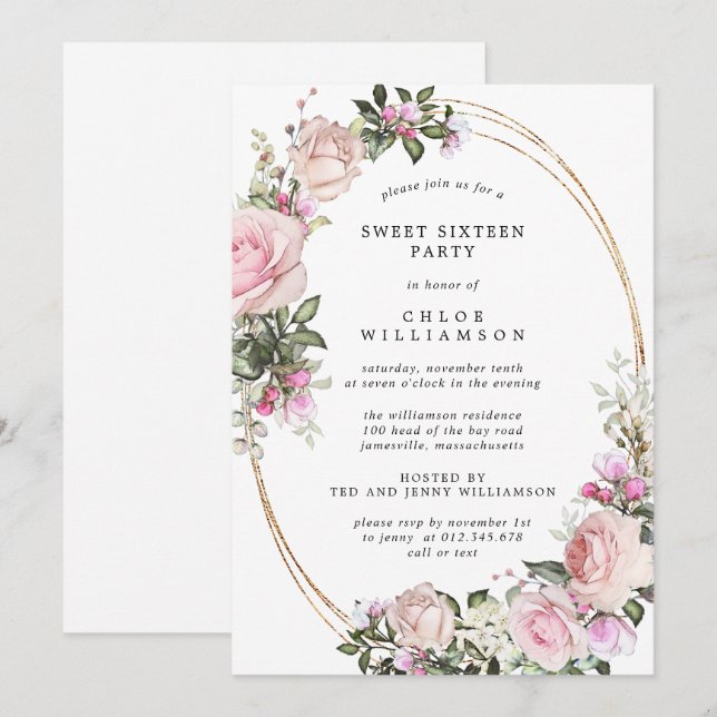Convites Festa Sessenta e Doce Floral Rosa Blush (Frente/Verso)