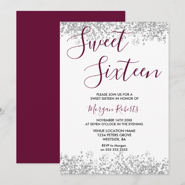 Convites Festa Silver Glitter Burgundy Sweet 16 (Frente/Verso)