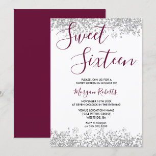 Convites Festa Silver Glitter Burgundy Sweet 16