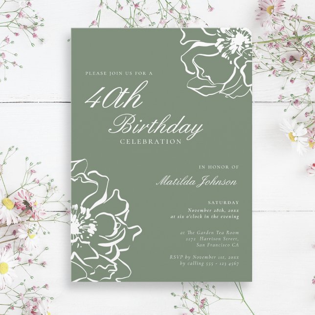 Convites Festa Simples de aniversário de 40 anos Floral (Simple Floral Sage 40th Birthday Party Invitation)