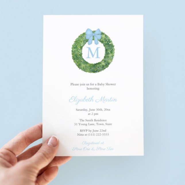 Convites Festa Simples de Chá de fraldas Monograma Wreath B (Elegant Baby Shower For Boy invitation featuring a boxwood wreath with single letter monogram)