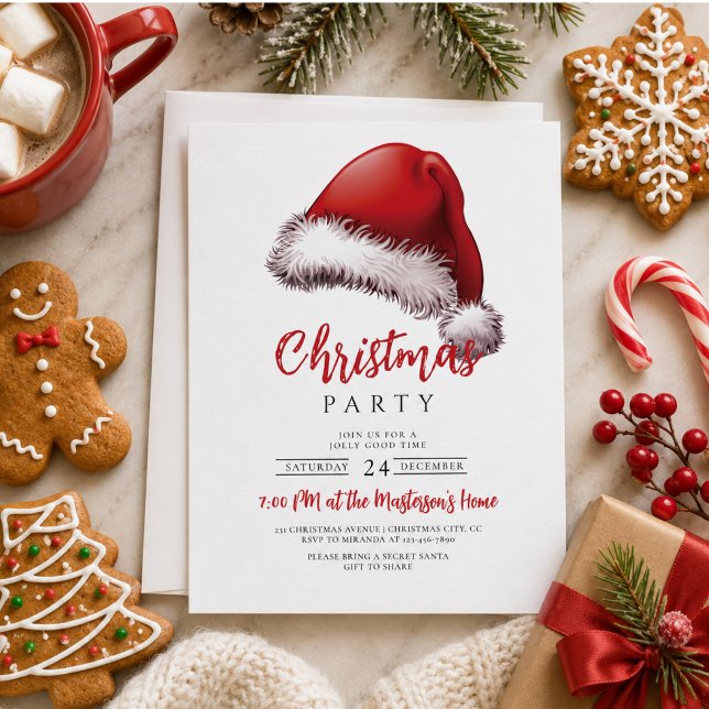 Convites Festa Simples de Chapéu de Papai Noel Natal (Simple Festive Santa Hat Christmas Party Invitation)