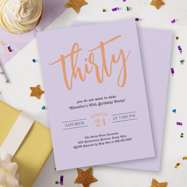 Convites Festa Simples de Lilac e aniversário de 30 anos La (Celebrate thirty in style with this simple birthday party invite with a retro groovy vibe.)