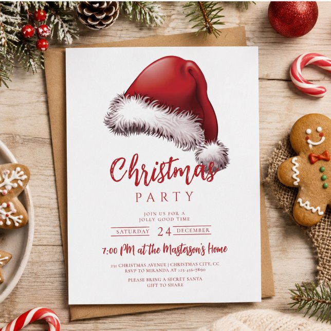 Convites Festa Simples de Natal com Chapéu de Papai Noel (Simple Festive Santa Hat Christmas Party Invitation)