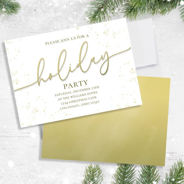 Convites Festa Simples de Script de Caligrafia Dourada de F (Holiday party gold gradient calligraphy script invitation. and gold gradient backside. )