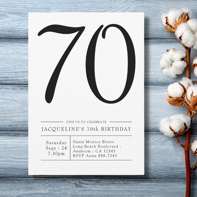 Convites Festa Simples Elegante de 770 Birthday (70th Birthday black and white invitation. Light blue plank background. )