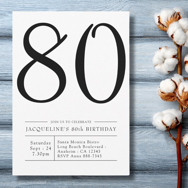 Convites Festa Simples Elegante de 780 Birthday (modern simple black and white 80th birthday party invitation on a blue wood background.)