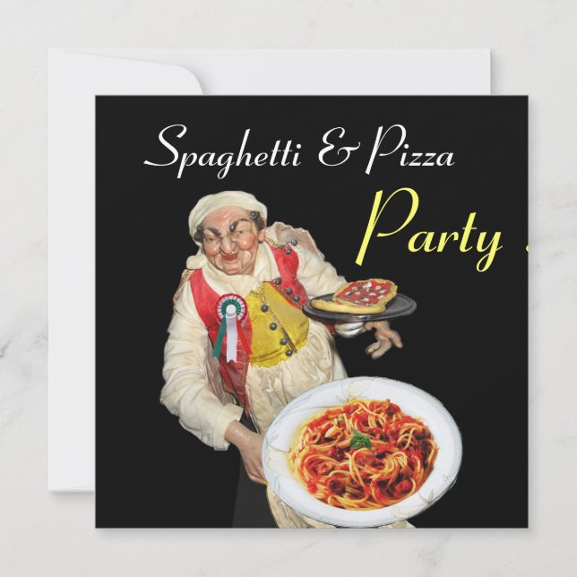 Convites FESTA SPAGHETTI & PIZZA, ITALIANO KITCHEN preto ve (Frente)
