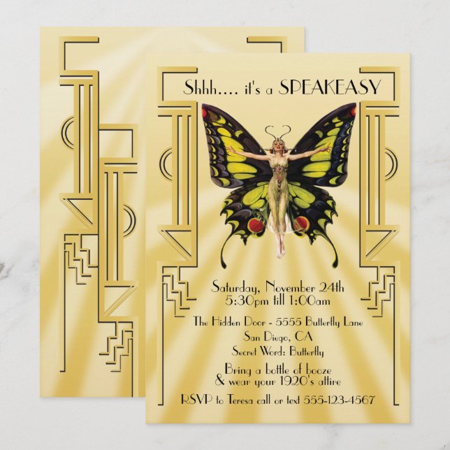 Convites Festa Speakeasy Borboleta Flapper O Grande Gatsby (Frente/Verso)