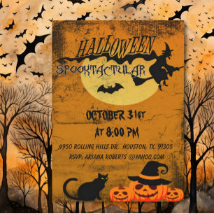 Convites Festa Spooktacular de Gato e Bruxa de Halloween